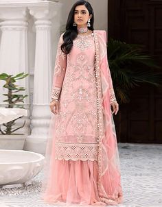 Light Pink Net Lehenga Suit Lehenga Suit, Pakistani Designer Suits, Lehenga Style, Net Lehenga, Salwar Kamiz, Pink Lehenga, Chiffon Collection, Embroidered Sleeves, Maria B