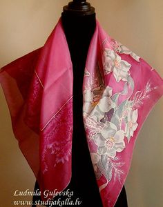 Natural silk hand painted scarf crimson pink by Studijakalla Elegant Handmade Summer Scarves, Pink Silk Shawl For Spring, Vintage Pink Silk Scarf For Spring, Red Silk Scarf For Spring, Spring Silk Shawl Scarf, Vintage Pink Silk Scarf As A Gift, Vintage Pink Silk Scarf As Gift, Pink Shawl Scarf For Spring, Pink Shawl Scarves For Spring