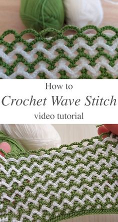 the crochet wave stitch video is shown with yarn and balls of yarn in the background