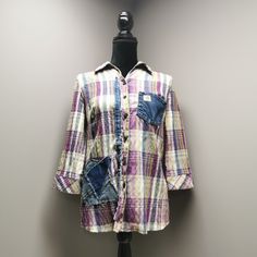 Fall Long Sleeve Blouse With Frayed Hem, Fall Blouse With Pockets And 3/4 Sleeves, Long Sleeve Blouse With Frayed Hem For Fall, Plaid Cotton Tops With Patch Pockets, Casual Multicolor Shirt With 3/4 Sleeves, Plaid Patchwork Long Sleeve Blouse, Long Sleeve Plaid Patchwork Blouse, Multicolor Cotton Blouse With 3/4 Sleeves, Bandana Top