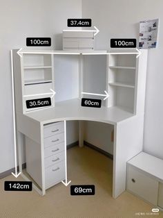 a white corner desk with measurements for the top and bottom drawers on each side,