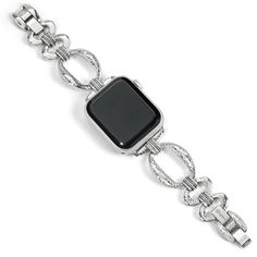 Your Apple Watch® never looked so good! With cool silver sculptural links and accents matching our Meridian Collection, this smart watch band will quickly become a favorite in your daily go-tos. Offers two fold-over clasp extenders for adjustability, and fits 38 mm case size and larger. Color: Silver Closure: Fold-over clasp Length: 6 1/4" - 7 1/2" fold-over clasp Removable Links: Yes Material: Fine Quality Crystals Finish: Silver plated Features: Fits 38mm - 44mm watch case sizes New Apple Watch Bands, Silver Bracelet Stack, Brighton Earrings, Hammered Silver Jewelry, Bow Purse, Smart Band, Semi Precious Beads, Shoe Gifts, Jewelry Cleaner