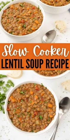 slow cooker lentil soup recipe in white bowls with spoons and parsley on the side