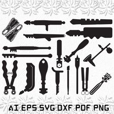 the silhouettes of various tools are shown in black and white, with an ornate background