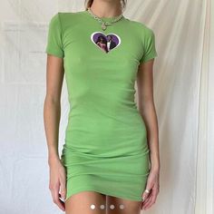 Brand New Green T Shirt Bodycon Mini Dress With Barbie And Ken Heart Print Length: 34in Slim Fit Short Sleeve Mini Dress For Summer, Green Cotton Dress With Graphic Print, Y2k Style Green Mini Dress, Y2k Green Mini Dress, Green Y2k Style Mini Dress, Green Y2k Mini Dress, Green Fitted Casual Mini Dress, Casual Fitted Green Mini Dress, Y2k Summer Dress With Short Sleeves