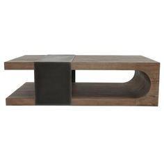 a modern wooden coffee table with two black square sections on the bottom and one grey block at the top