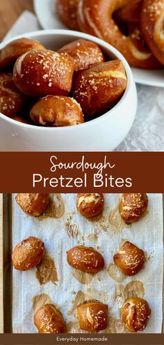 several different types of pretzels are shown in this collage with the words, sourdough pretzel bites