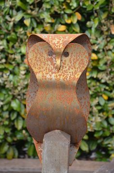 an owl statue sitting on top of a cement block