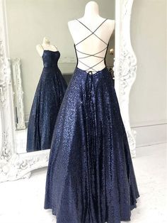 Blue Long Prom Dresses, Prom Dresses Open Back, Blue Sequin Prom Dress, Dresses Open Back, Prom Dresses Sparkly, Sparkly Prom Dress, Prom Dresses With Pockets, Sequin Prom Dress, Sequin Evening Dresses