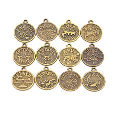 twelve different types of zodiac signs in gold, silver and bronze tone pendants on a white background