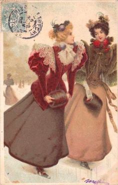 two women dressed in winter clothing walking through the snow