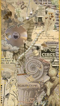 an altered collage with various items and words on the side, including a cd