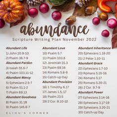 an abundance scripting plan november 2012 with autumn leaves, acorns and pomegranates