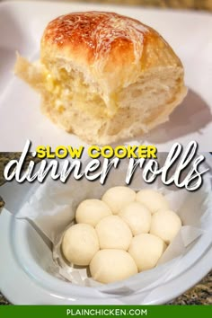 the words slow cooker dinner rolls are in front of a plate with food on it