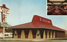 an old photo of a pizza hut with people on the roof and in the front