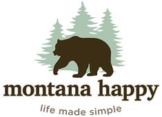 the logo for montana happy life made simple, with a bear and pine trees in the background