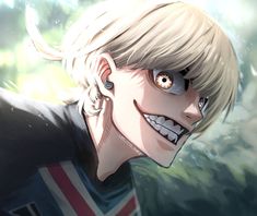 an anime character with blonde hair and big eyes, wearing a british flag t - shirt