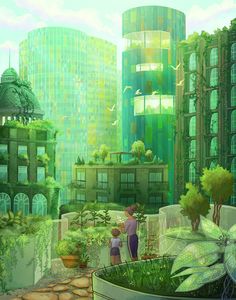 two people are standing in the middle of a city with tall buildings and green plants