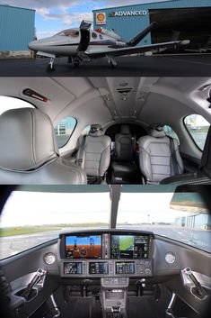 the inside of an airplane with two different views