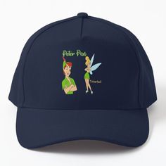 a baseball cap with an image of peter pan and tinkerbells on it