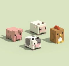 four pixelated animals are standing in the middle of a green surface, one is pink and one is brown