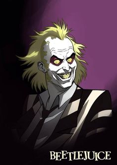 an evil clown with blonde hair and yellow eyes in front of a purple background that says beetlejuice