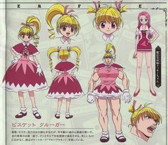 an anime character's paper model sheet with various poses and hair styles for each character