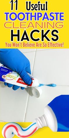 a person using toothpaste to clean their teeth with blue gloves on and yellow background