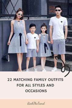 Family wearing coordinating blue and white striped outfits, standing together outside. Family Presents, Vacation Outfits