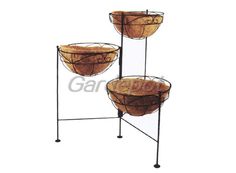 three tiered metal basket stand with wire on each side and two round baskets on the top