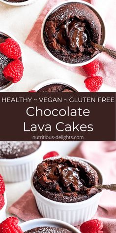 chocolate lava cakes with raspberries on the side and text overlay that reads healthy vegan gluten free chocolate lava cakes