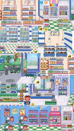 an illustrated map of a grocery store with lots of items on the shelves and floor