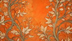 an orange wallpaper with white flowers and leaves on the bottom right hand corner in front of it