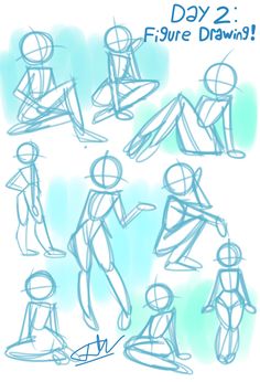 some sketches of people sitting and standing in different positions, with the words day 2 figure drawing