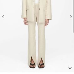 Brand New Trousers From Anine Bing Cream / White Size 6 (36) Originally $300+Tax 79% Virgin Wool, 20% Polyamide, 1% Elastane New With Tags, Could Use A Quick Cleanin Elegant Beige Pantsuit With Straight Legs, Elegant Beige Straight Leg Pantsuit, Beige Formal Straight Leg Pantsuit, Beige Straight Leg Formal Pantsuit, Beige Straight Leg Pantsuit For Formal Occasions, Elegant Fitted Pants With Split Hem, Elegant Pants With Side Slits And Split Hem, Elegant Bottoms With Split Hem, Fitted Pants With Split Hem For Workwear