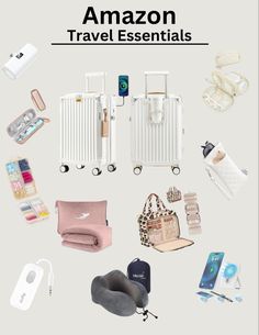 an assortment of travel essentials with text overlay that reads amazon travel essentials