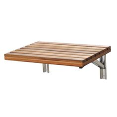 a wooden table with metal legs on a white background