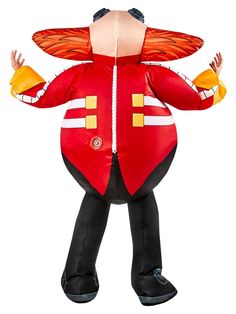 an inflatable man is standing with his hands out to the side, wearing a red jacket and black pants