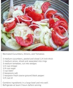 the ingredients for this salad include onions, tomatoes and cucumbers in a bowl