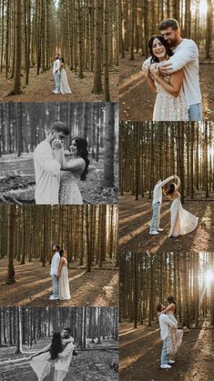 two people are hugging in the woods