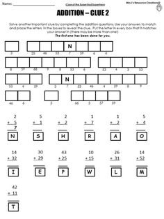 the worksheet for addition clue 2 is shown in black and white with an image of