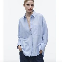 Nwt Zara Oxford Shirt Light Blue Zara Shirt Women, Black Denim Shirt, Blue Oxford Shirt, Zara Limited Edition, Red Flannel Shirt, Tee Shirt Outfit, Blue Striped Blouse, Black Button Up Shirt, Oversized Tee Shirt