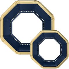 two blue and gold foil octagon plates with rivets on the edges