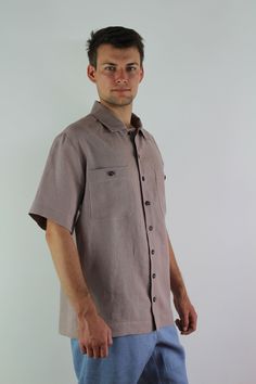 Linen man comfortable shirt with short sleeve and 2 pokets, Formal shirt men, regular fitted coffee linen shirt Details: - 100% natural linen produced in Europe ; - medium weight (180 gram per square meter); - color: coffee, could be any from our colors catalog (color samples at the photo); Made to order, approximately a few days, If you have any questions please message me and I will be glad to answer. Brown Linen Shirt With Button Closure, Classic Short Sleeve Shirt In Flax Color, Classic Flax Short Sleeve Shirt, Classic Short Sleeve Flax Shirt, Classic Brown Linen Shirt, Brown Short Sleeve Camp Shirt With Pockets, Brown Short Sleeve Shirt With Pockets, Flax Colored Relaxed Fit Short Sleeve Shirt, Linen Short Sleeve Button-up Shirt With Pockets