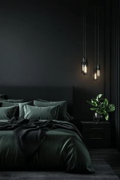 a bedroom with black walls and green bedding, hanging lights over the headboard