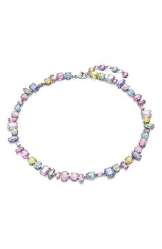 A myriad of crystals in vibrant pastel hues encircles a sparking necklace in signature Swarovski shine. 14 1/2" length; 1 1/2" extender Swarovski crystal/rhodium plate Imported Swarovski Crystals Necklace, Swarovski Necklace Crystal, Girly Accessories Jewellery, Jewelry Mood Board, Pastel Accessories, Crystal Jewelry Necklaces, Bvlgari Jewelry, Expensive Jewelry Luxury, Pearl Jewels