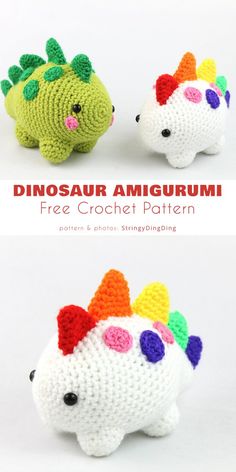 two crocheted stuffed animals with different colors and sizes, one has a dinosaur on it