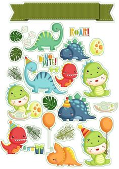 the dinosaur stickers are in different colors and sizes, including one for each child's birthday