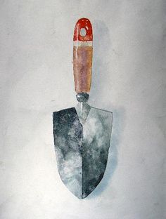 a drawing of a shovel with a red handle on it's tip, hanging from the wall