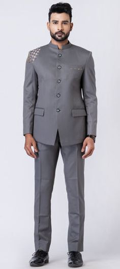 Black and Grey color Jodhpuri Suit in Polyester Silk fabric with Patch work Luxury Fitted Classic Nehru Jacket, Luxury Fitted Black Nehru Jacket, Classic Black Luxury Nehru Jacket, Luxury Black Classic Nehru Jacket, Jodhpuri Suit, Engagement Reception, Reception Lehenga, Patch Work, Blue Suit